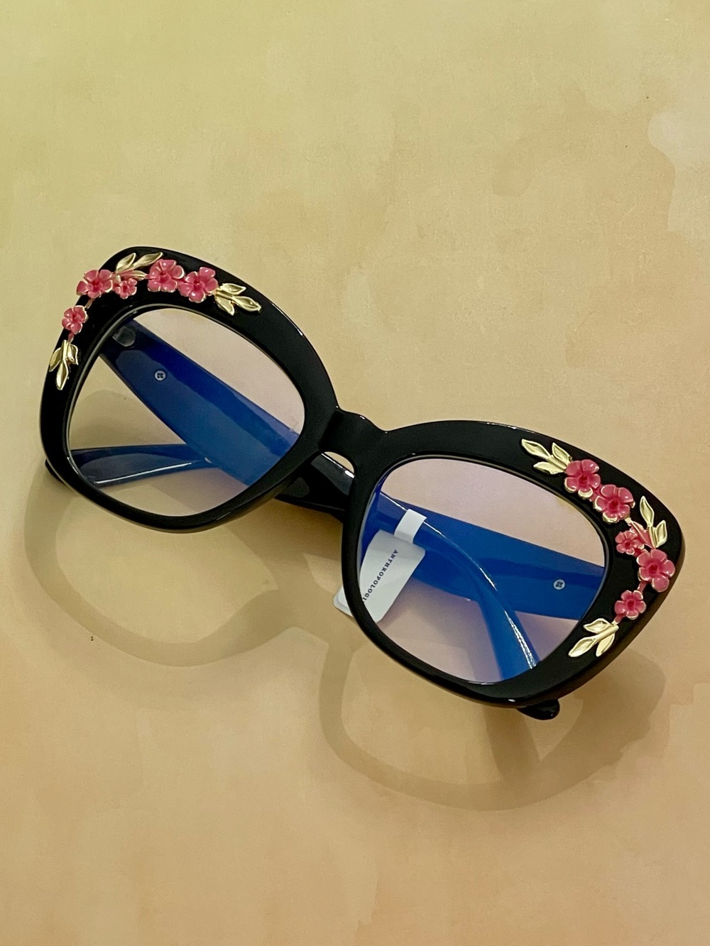 Anthropologie Black Anti Blue Reading Glasses with Pink & Gold Floral Accents